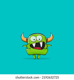 Vector cartoon funny green monster with horn isolated on turquoise background. Smiling silly green monster print sticker design template. Ghost, troll, gremlin, goblin, devil and monster