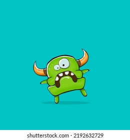 Vector cartoon funny green monster with horn isolated on turquoise background. Smiling silly green monster print sticker design template. Ghost, troll, gremlin, goblin, devil and monster