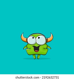 Vector cartoon funny green monster with horn isolated on turquoise background. Smiling silly green monster print sticker design template. Ghost, troll, gremlin, goblin, devil and monster