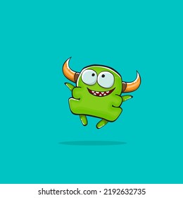 Vector cartoon funny green monster with horn isolated on turquoise background. Smiling silly green monster print sticker design template. Ghost, troll, gremlin, goblin, devil and monster
