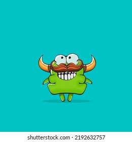 Vector cartoon funny green monster with horn isolated on turquoise background. Smiling silly green monster print sticker design template. Ghost, troll, gremlin, goblin, devil and monster