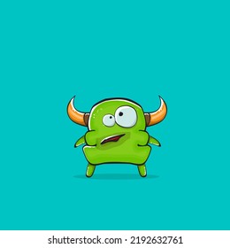 Vector cartoon funny green monster with horn isolated on turquoise background. Smiling silly green monster print sticker design template. Ghost, troll, gremlin, goblin, devil and monster