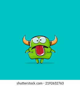 Vector cartoon funny green monster with horn isolated on turquoise background. Smiling silly green monster print sticker design template. Ghost, troll, gremlin, goblin, devil and monster