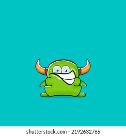 Vector cartoon funny green monster with horn isolated on turquoise background. Smiling silly green monster print sticker design template. Ghost, troll, gremlin, goblin, devil and monster