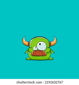Vector cartoon funny green monster with horn isolated on turquoise background. Smiling silly green monster print sticker design template. Ghost, troll, gremlin, goblin, devil and monster