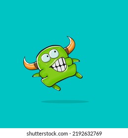 Vector cartoon funny green monster with horn isolated on turquoise background. Smiling silly green monster print sticker design template. Ghost, troll, gremlin, goblin, devil and monster