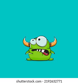 Vector cartoon funny green monster with horn isolated on turquoise background. Smiling silly green monster print sticker design template. Ghost, troll, gremlin, goblin, devil and monster