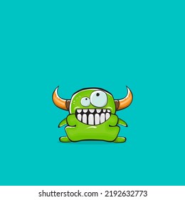Vector cartoon funny green monster with horn isolated on turquoise background. Smiling silly green monster print sticker design template. Ghost, troll, gremlin, goblin, devil and monster