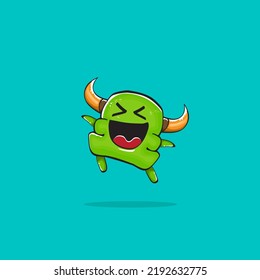 Vector cartoon funny green monster with horn isolated on turquoise background. Smiling silly green monster print sticker design template. Ghost, troll, gremlin, goblin, devil and monster