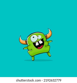 Vector cartoon funny green monster with horn isolated on turquoise background. Smiling silly green monster print sticker design template. Ghost, troll, gremlin, goblin, devil and monster