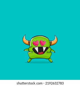Vector cartoon funny green monster with horn isolated on turquoise background. Smiling silly green monster print sticker design template. Ghost, troll, gremlin, goblin, devil and monster