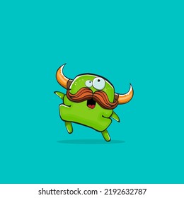 Vector cartoon funny green monster with horn isolated on turquoise background. Smiling silly green monster print sticker design template. Ghost, troll, gremlin, goblin, devil and monster