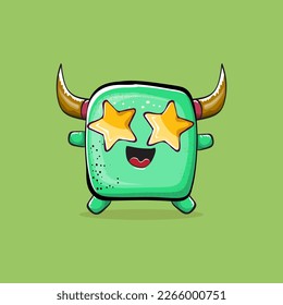 Vector cartoon funny green monster with horn isolated on green background. Smiling silly green monster print sticker design template. Ghost, troll, gremlin, goblin, devil and monster clip art