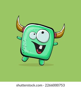 Vector cartoon funny green monster with horn isolated on green background. Smiling silly green monster print sticker design template. Ghost, troll, gremlin, goblin, devil and monster clip art