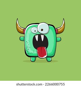 Vector cartoon funny green monster with horn isolated on green background. Smiling silly green monster print sticker design template. Ghost, troll, gremlin, goblin, devil and monster clip art