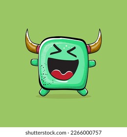 Vector cartoon funny green monster with horn isolated on green background. Smiling silly green monster print sticker design template. Ghost, troll, gremlin, goblin, devil and monster clip art