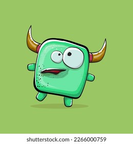 Vector cartoon funny green monster with horn isolated on green background. Smiling silly green monster print sticker design template. Ghost, troll, gremlin, goblin, devil and monster clip art