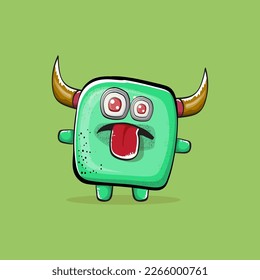 Vector cartoon funny green monster with horn isolated on green background. Smiling silly green monster print sticker design template. Ghost, troll, gremlin, goblin, devil and monster clip art