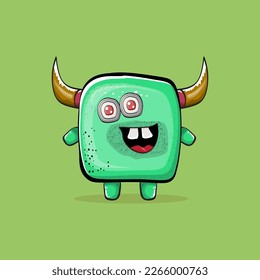 Vector cartoon funny green monster with horn isolated on green background. Smiling silly green monster print sticker design template. Ghost, troll, gremlin, goblin, devil and monster clip art