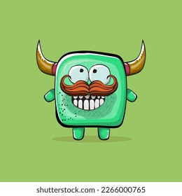 Vector cartoon funny green monster with horn isolated on green background. Smiling silly green monster print sticker design template. Ghost, troll, gremlin, goblin, devil and monster clip art