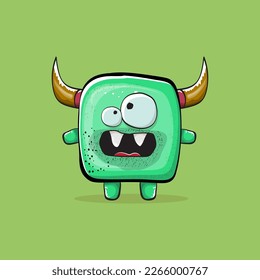 Vector cartoon funny green monster with horn isolated on green background. Smiling silly green monster print sticker design template. Ghost, troll, gremlin, goblin, devil and monster clip art