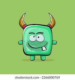 Vector cartoon funny green monster with horn isolated on green background. Smiling silly green monster print sticker design template. Ghost, troll, gremlin, goblin, devil and monster clip art