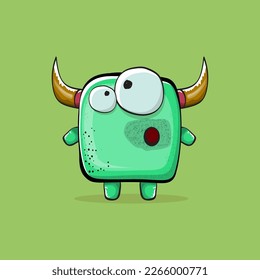 Vector cartoon funny green monster with horn isolated on green background. Smiling silly green monster print sticker design template. Ghost, troll, gremlin, goblin, devil and monster clip art