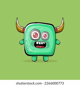 Vector cartoon funny green monster with horn isolated on green background. Smiling silly green monster print sticker design template. Ghost, troll, gremlin, goblin, devil and monster clip art