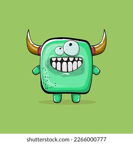 Vector cartoon funny green monster with horn isolated on green background. Smiling silly green monster print sticker design template. Ghost, troll, gremlin, goblin, devil and monster clip art