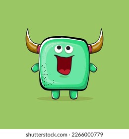 Vector cartoon funny green monster with horn isolated on green background. Smiling silly green monster print sticker design template. Ghost, troll, gremlin, goblin, devil and monster clip art