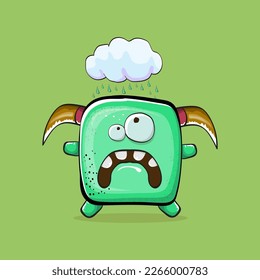 Vector cartoon funny green monster with horn isolated on green background. Smiling silly green monster print sticker design template. Ghost, troll, gremlin, goblin, devil and monster clip art