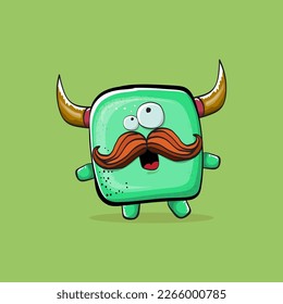 Vector cartoon funny green monster with horn isolated on green background. Smiling silly green monster print sticker design template. Ghost, troll, gremlin, goblin, devil and monster clip art