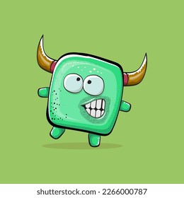 Vector cartoon funny green monster with horn isolated on green background. Smiling silly green monster print sticker design template. Ghost, troll, gremlin, goblin, devil and monster clip art