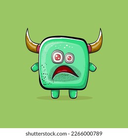 Vector cartoon funny green monster with horn isolated on green background. Smiling silly green monster print sticker design template. Ghost, troll, gremlin, goblin, devil and monster clip art