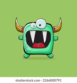 Vector cartoon funny green monster with horn isolated on green background. Smiling silly green monster print sticker design template. Ghost, troll, gremlin, goblin, devil and monster clip art