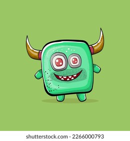 Vector cartoon funny green monster with horn isolated on green background. Smiling silly green monster print sticker design template. Ghost, troll, gremlin, goblin, devil and monster clip art