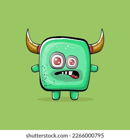 Vector cartoon funny green monster with horn isolated on green background. Smiling silly green monster print sticker design template. Ghost, troll, gremlin, goblin, devil and monster clip art