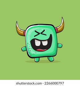 Vector cartoon funny green monster with horn isolated on green background. Smiling silly green monster print sticker design template. Ghost, troll, gremlin, goblin, devil and monster clip art