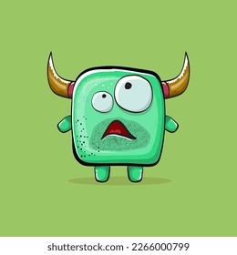 Vector cartoon funny green monster with horn isolated on green background. Smiling silly green monster print sticker design template. Ghost, troll, gremlin, goblin, devil and monster clip art