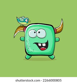 Vector cartoon funny green monster with horn isolated on green background. Smiling silly green monster print sticker design template. Ghost, troll, gremlin, goblin, devil and monster clip art