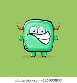 Vector cartoon funny green monster with horn isolated on green background. Smiling silly green monster print sticker design template. Ghost, troll, gremlin, goblin, devil and monster clip art