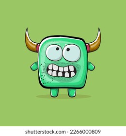 Vector cartoon funny green monster with horn isolated on green background. Smiling silly green monster print sticker design template. Ghost, troll, gremlin, goblin, devil and monster clip art