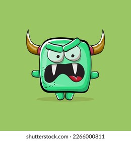 Vector cartoon funny green monster with horn isolated on green background. Smiling silly green monster print sticker design template. Ghost, troll, gremlin, goblin, devil and monster clip art