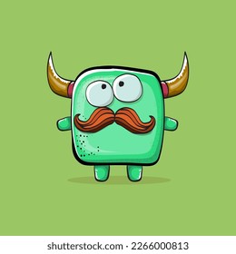 Vector cartoon funny green monster with horn isolated on green background. Smiling silly green monster print sticker design template. Ghost, troll, gremlin, goblin, devil and monster clip art