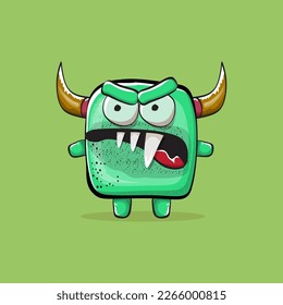 Vector cartoon funny green monster with horn isolated on green background. Smiling silly green monster print sticker design template. Ghost, troll, gremlin, goblin, devil and monster clip art