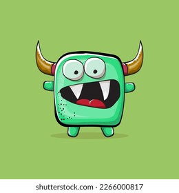 Vector cartoon funny green monster with horn isolated on green background. Smiling silly green monster print sticker design template. Ghost, troll, gremlin, goblin, devil and monster clip art