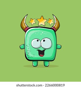 Vector cartoon funny green monster with horn isolated on green background. Smiling silly green monster print sticker design template. Ghost, troll, gremlin, goblin, devil and monster clip art