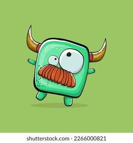 Vector cartoon funny green monster with horn isolated on green background. Smiling silly green monster print sticker design template. Ghost, troll, gremlin, goblin, devil and monster clip art