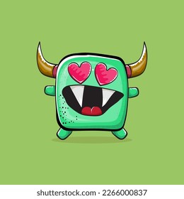 Vector cartoon funny green monster with horn isolated on green background. Smiling silly green monster print sticker design template. Ghost, troll, gremlin, goblin, devil and monster clip art