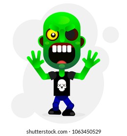 Vector cartoon  funny green zombie with big head in  pants . Halloween. Vector illustration.